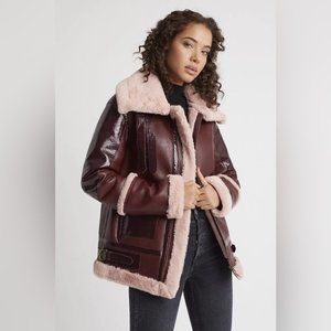 RARE Choosy Amelia Aviator Vegan Leather Faux Shearling Lined Jacket Large